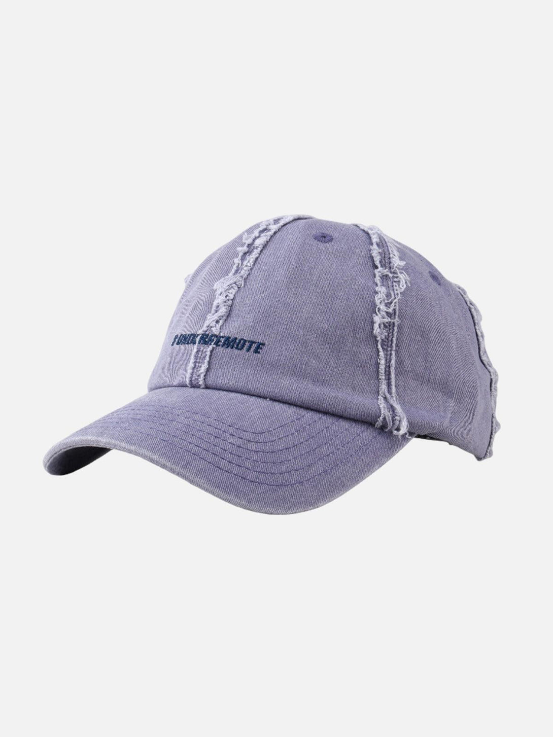 Front view of a purple distressed denim baseball cap by TALISHKO, showcasing rugged style.