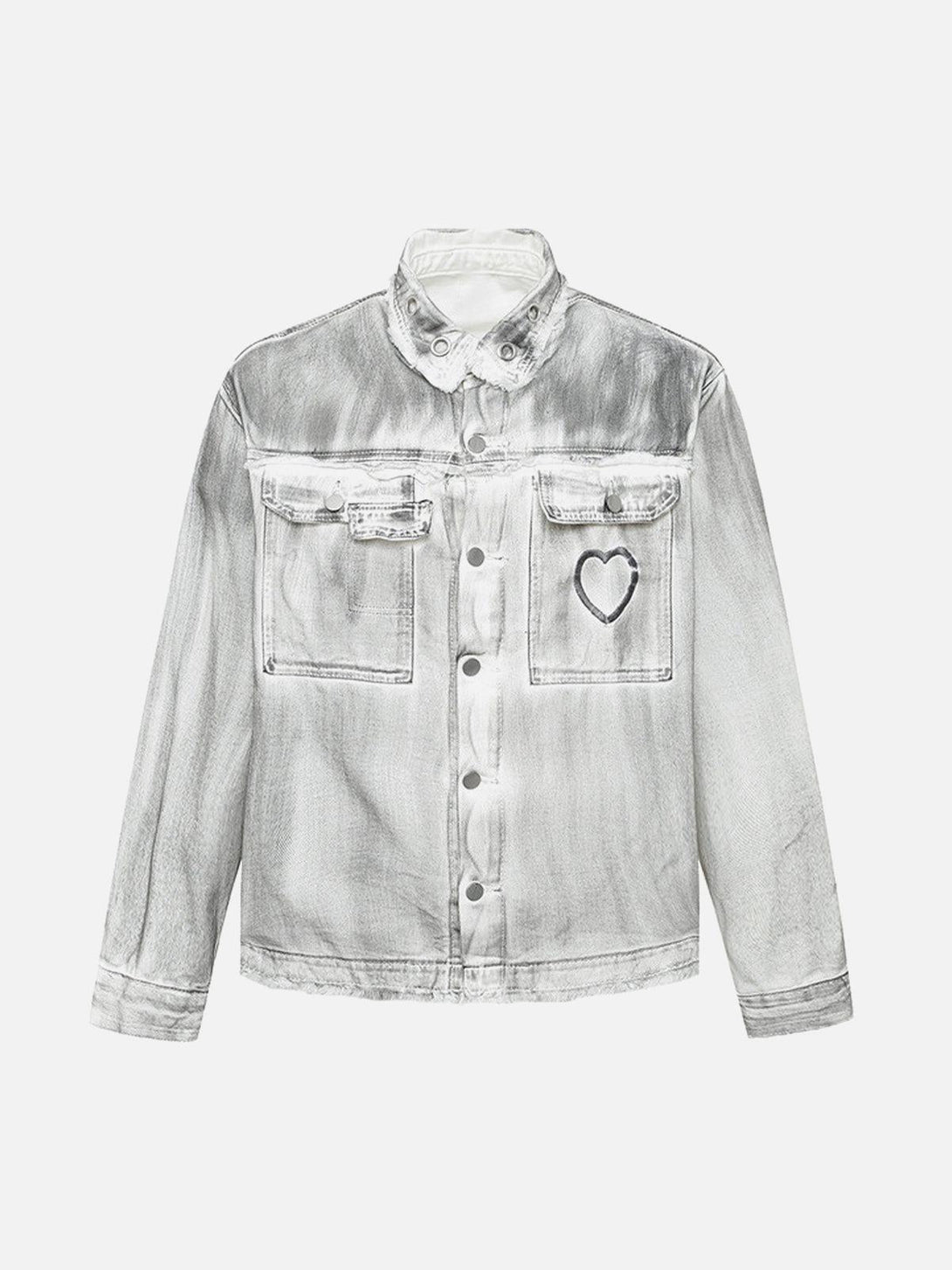 Front view of a gray distressed denim jacket with heart embroidery by TALISHKO, perfect for urban style.
