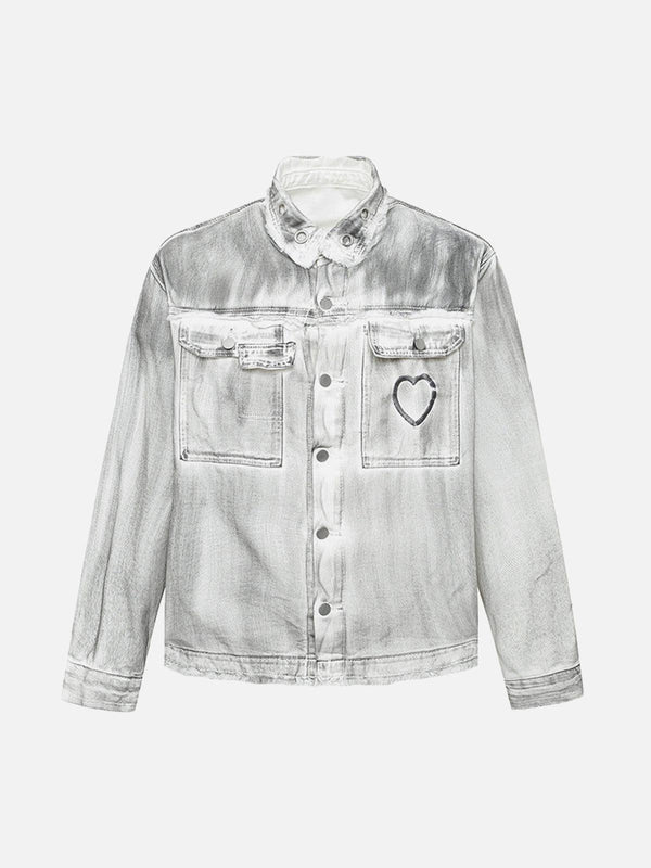 Front view of a gray distressed denim jacket with heart embroidery by TALISHKO, perfect for urban style.