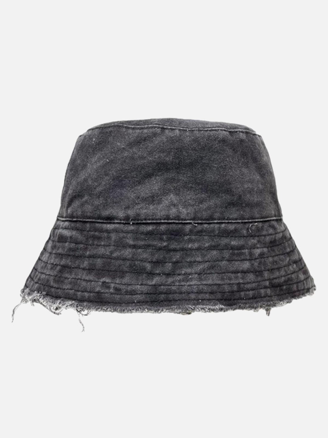 A black denim bucket hat by TALISHKO, showcasing distressed details and raw edges in front view.