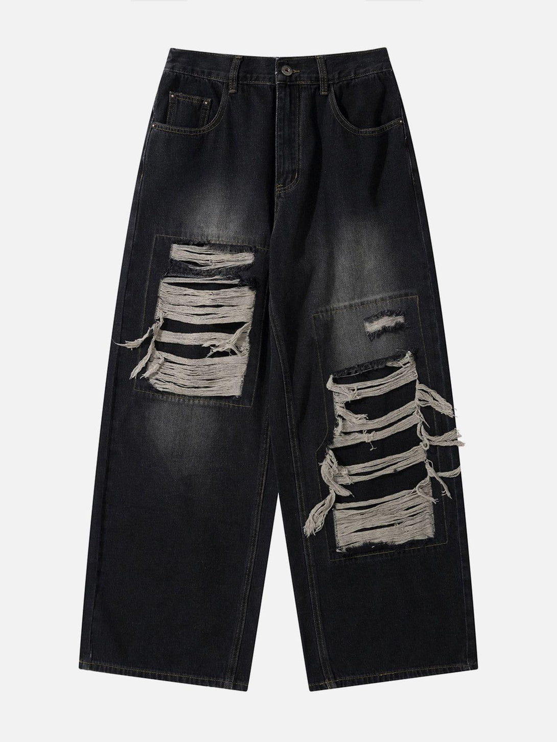 Front view of TALISHKO black loose jeans with a distressed design, perfect for urban style.