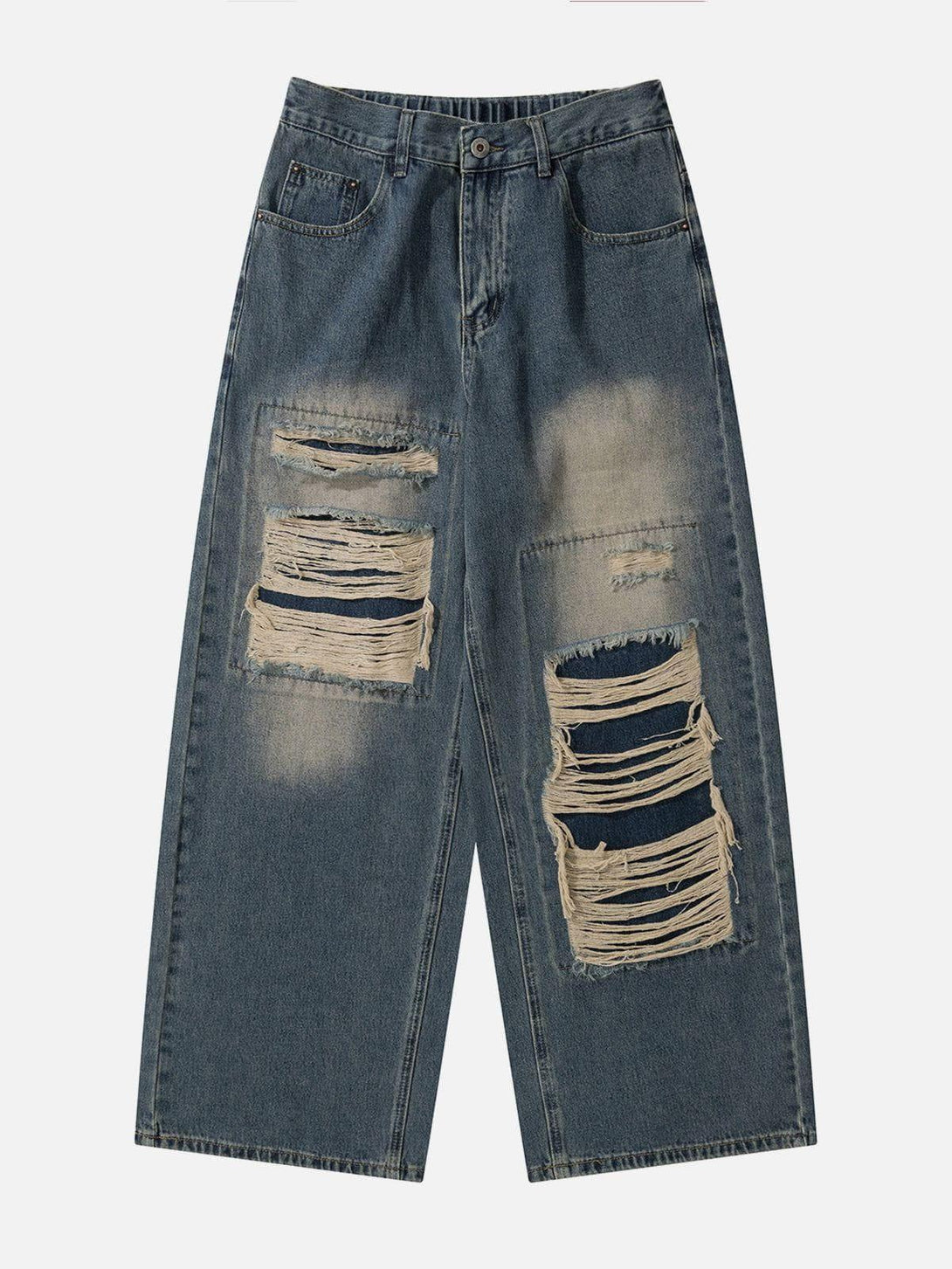 Front view of TALISHKO distressed blue loose jeans, featuring a bold ripped design.