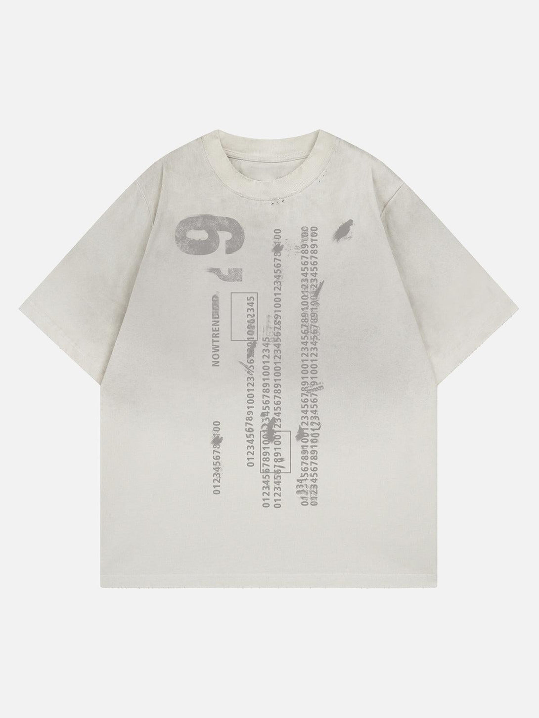Front view of apricot distressed digital print T-shirt by TALISHKO, featuring a unique numeric design.