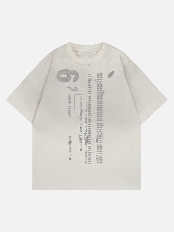 Front view of apricot distressed digital print T-shirt by TALISHKO, featuring a unique numeric design.