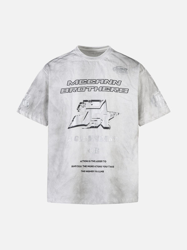 Front view of a pale distressed print T-shirt by TALISHKO, perfect for casual summer days.