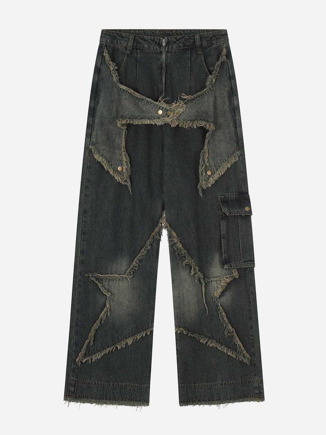 Front view of TALISHKO distressed denim jeans with unique star patchwork and frayed edges.