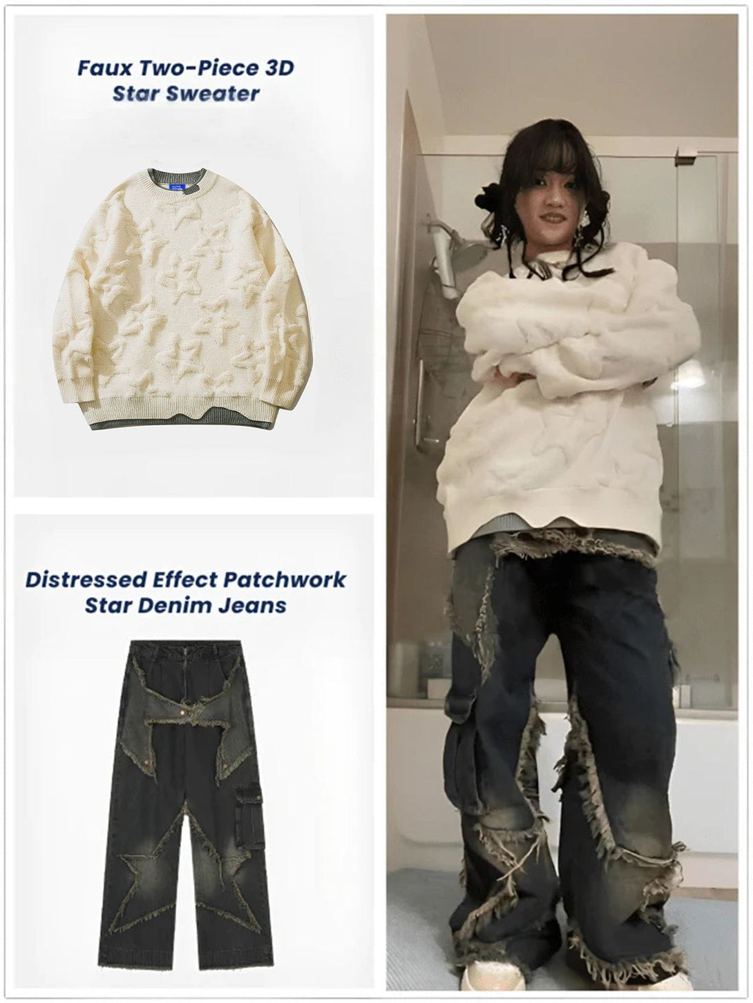 TALISHKO - Distressed Effect Patchwork Star Denim Jeans, streetwear fashion, talishko.com