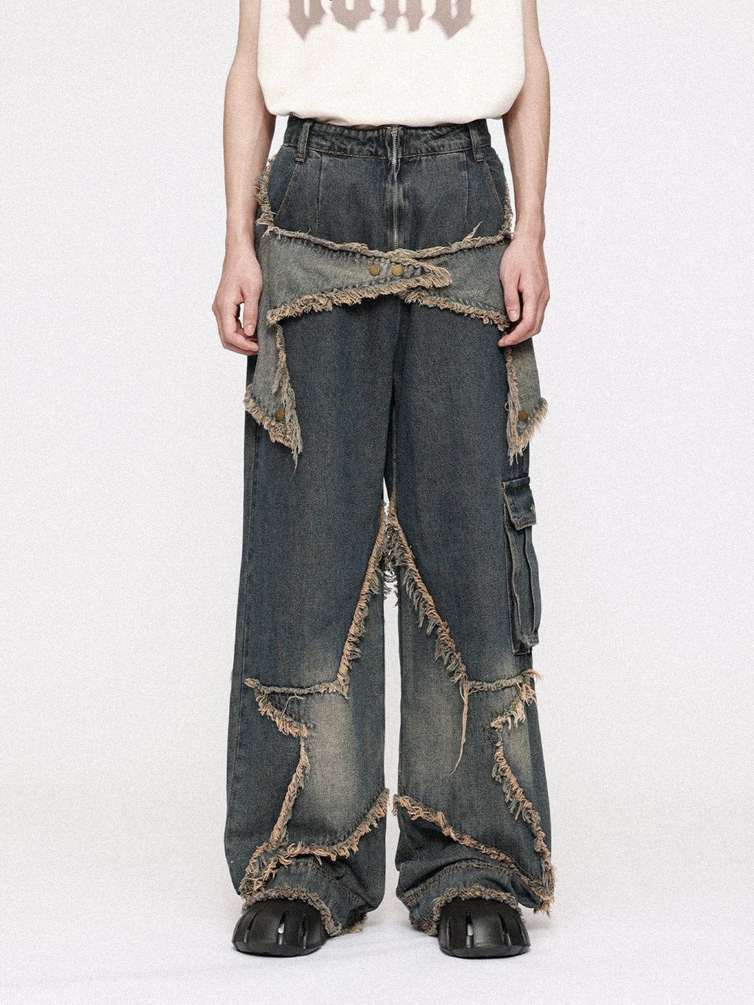 TALISHKO - Distressed Effect Patchwork Star Denim Jeans, streetwear fashion, talishko.com