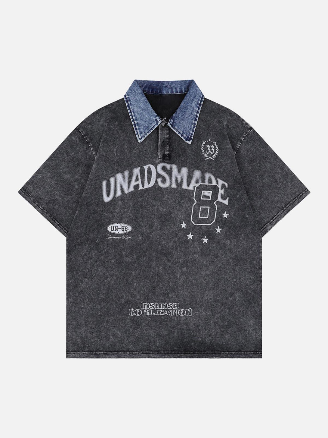 Washed black polo shirt with denim collar and bold graphics, crafted by TALISHKO.