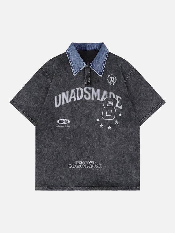 Washed black polo shirt with denim collar and bold graphics, crafted by TALISHKO.