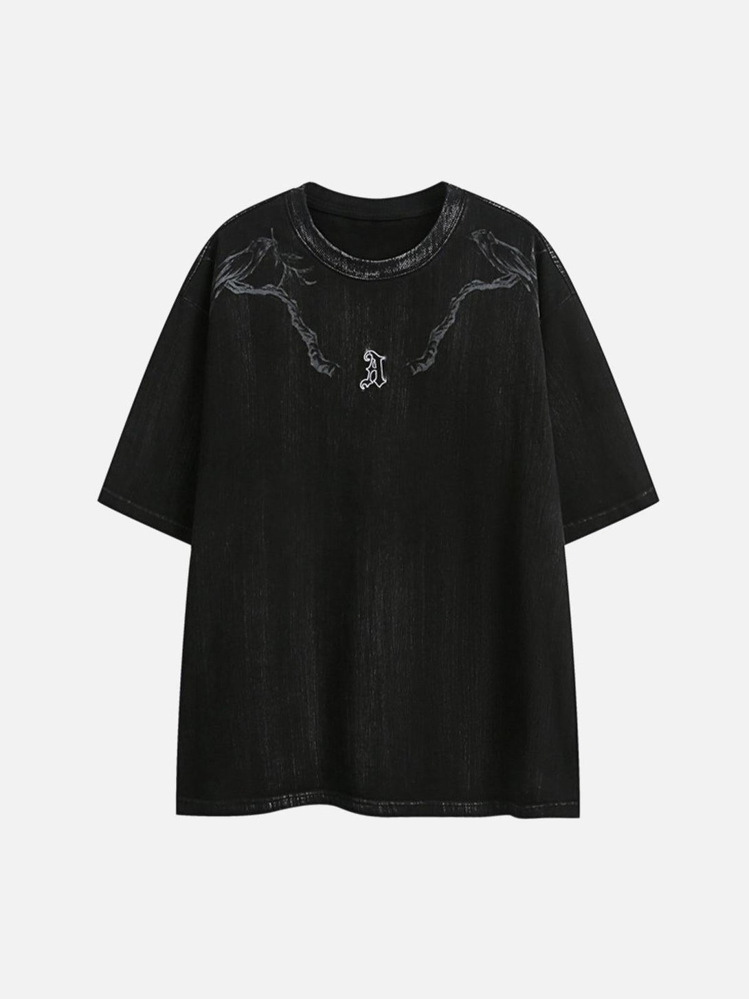 Front view of a black distressed T-shirt with embroidered design by TALISHKO, perfect for casual style.