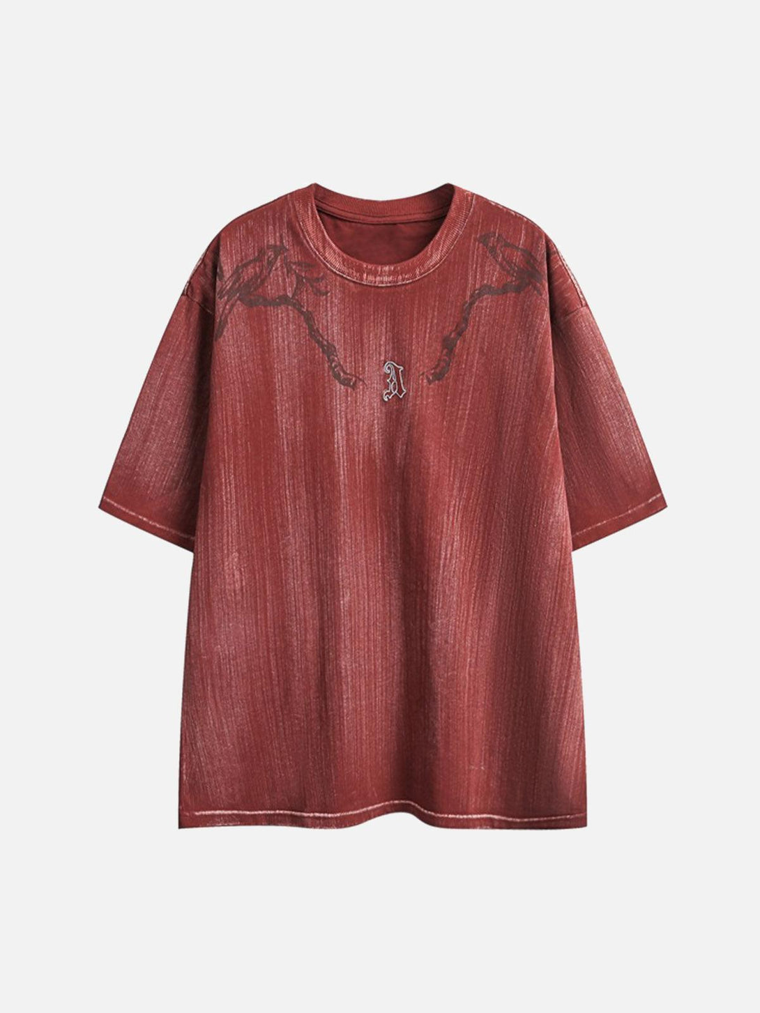 Front view of a red distressed T-shirt with embroidered details by TALISHKO, ideal for warm weather.