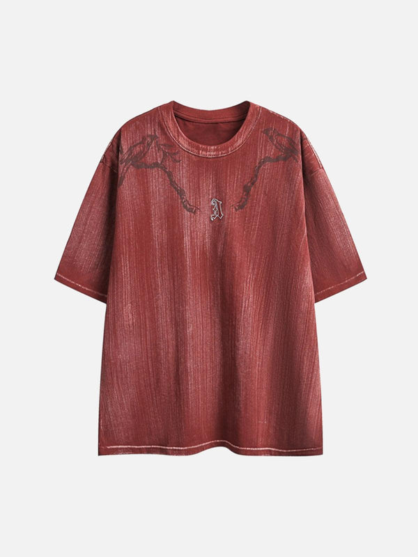 Front view of a red distressed T-shirt with embroidered details by TALISHKO, ideal for warm weather.