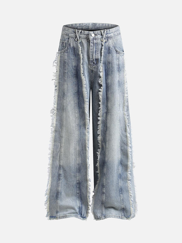 Front view of light blue, distressed baggy jeans with frayed edges by TALISHKO, perfect for edgy style.