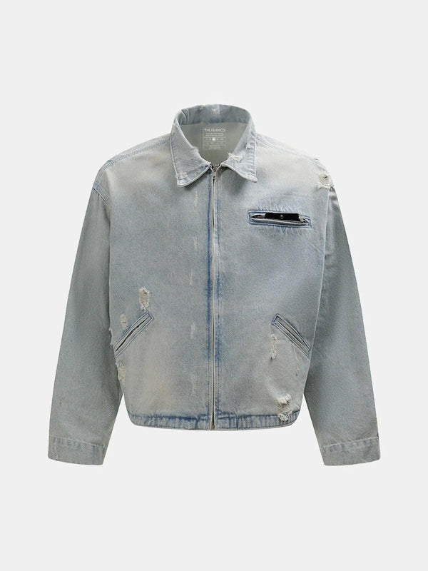 Front view of a blue denim jacket by TALISHKO, featuring a frayed lapel and distressed details.