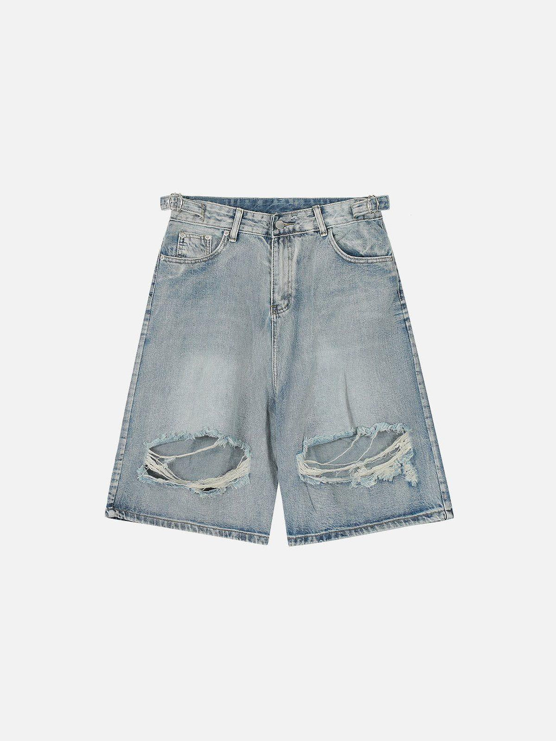 Front view of blue distressed fringe jorts by TALISHKO, showcasing a casual, laid-back vibe.