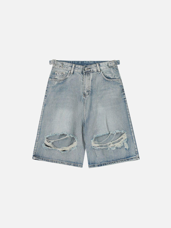 Front view of blue distressed fringe jorts by TALISHKO, showcasing a casual, laid-back vibe.