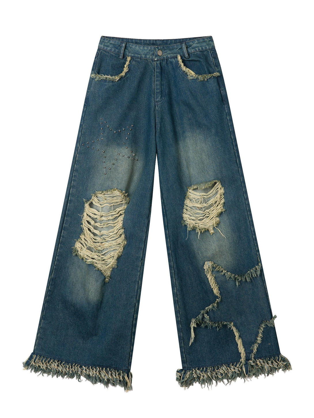 Front view of blue distressed fringe star jeans by TALISHKO, featuring bold ripped details.