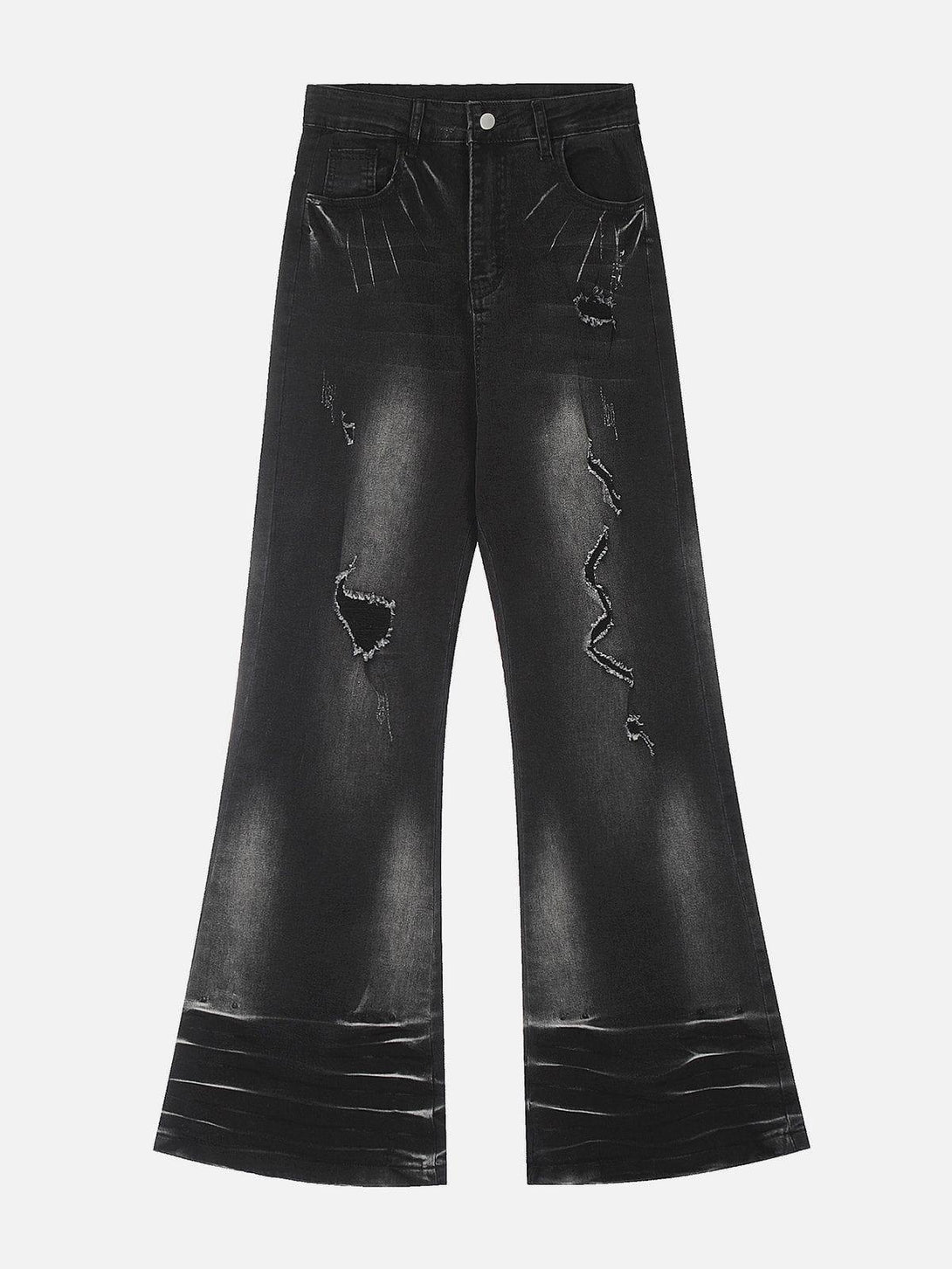 Front view of black distressed fringe washed jeans by TALISHKO, perfect for urban style.