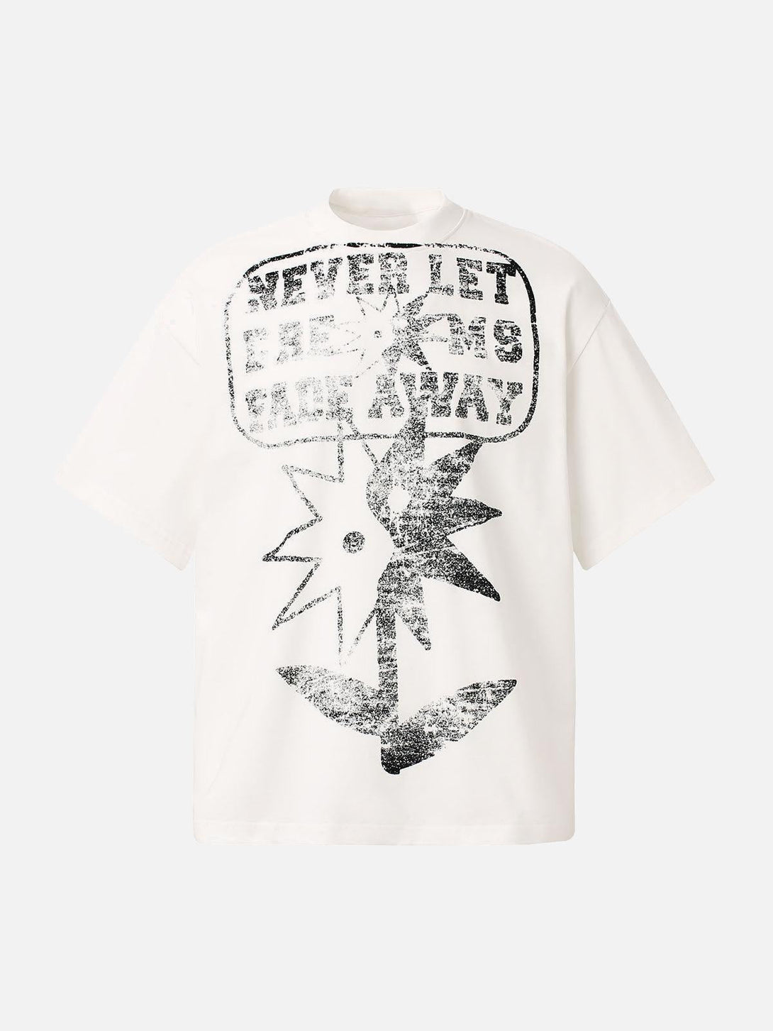 Front view of a white crew neck T-shirt by TALISHKO, featuring a distressed fun print design.
