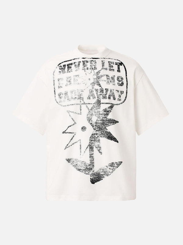 Front view of a white crew neck T-shirt by TALISHKO, featuring a distressed fun print design.