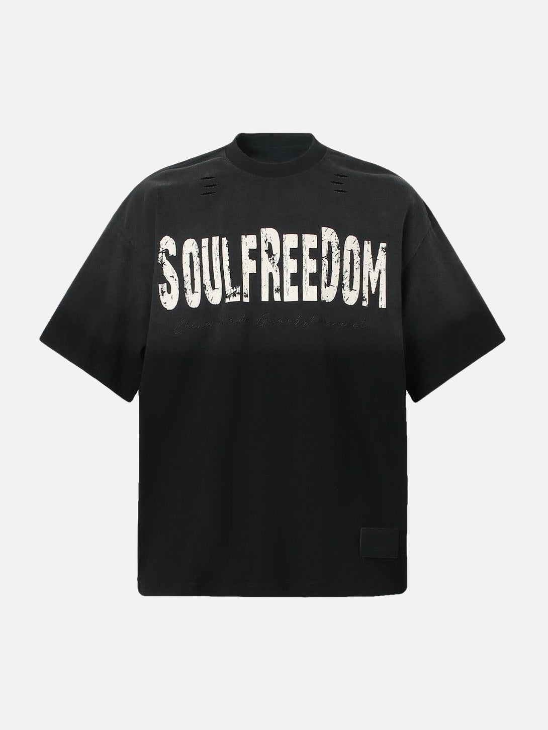 Front view of black crew neck T-shirt by TALISHKO, featuring a bold letter print and distressed details.