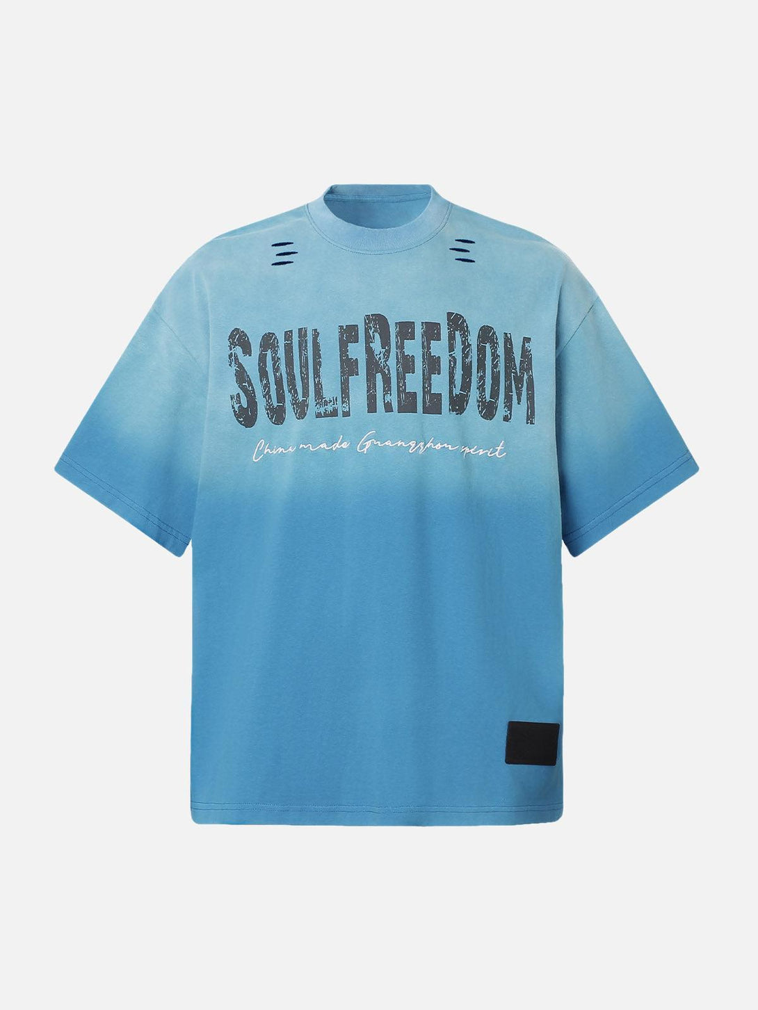 Front view of blue distressed crew neck T-shirt by TALISHKO, featuring bold letter print.