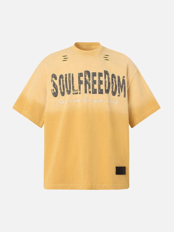 Yellow distressed crew neck T-shirt by TALISHKO, featuring bold letter print on the front.