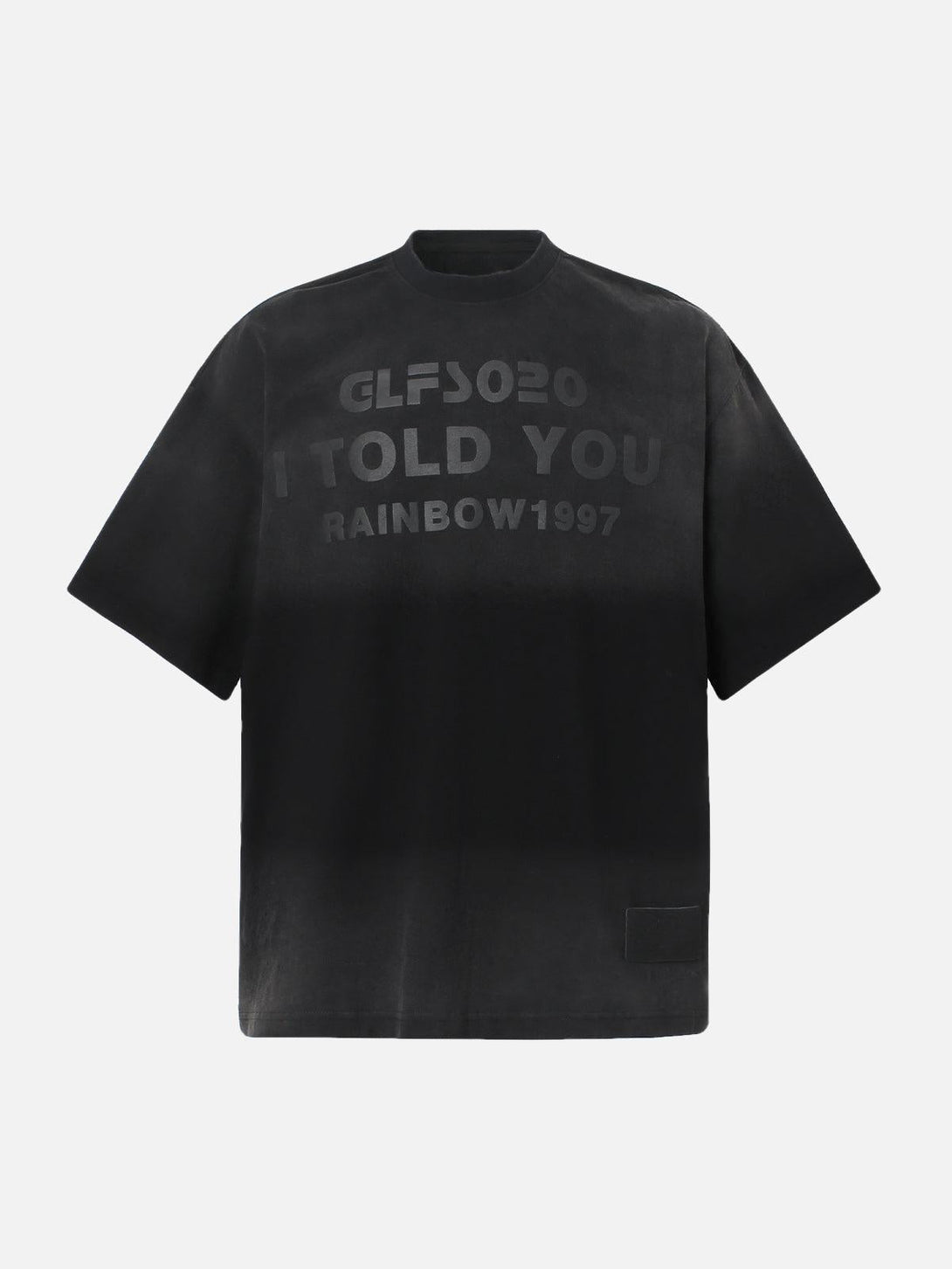 Front view of a black TALISHKO T-shirt with distressed gradient lettering and relaxed fit.