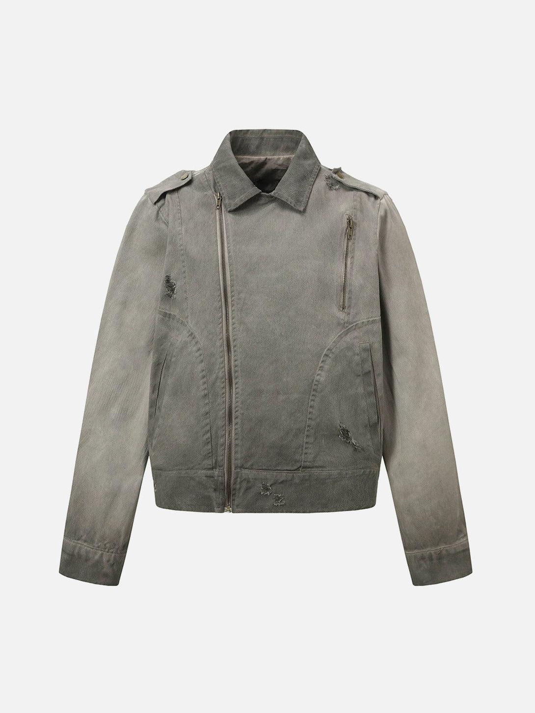 Front view of a light brown distressed denim jacket with irregular zippers by TALISHKO.