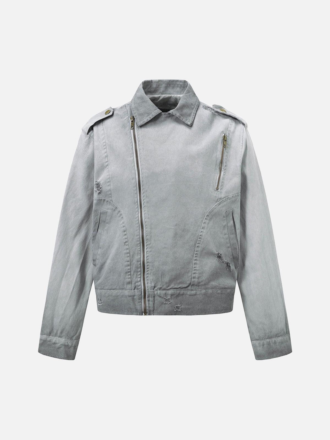 Front view of a light gray distressed denim jacket with unique zippers by TALISHKO.