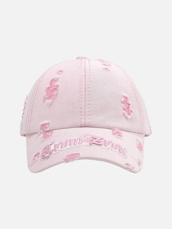 Pink distressed baseball cap with letter embroidery by TALISHKO, front view.
