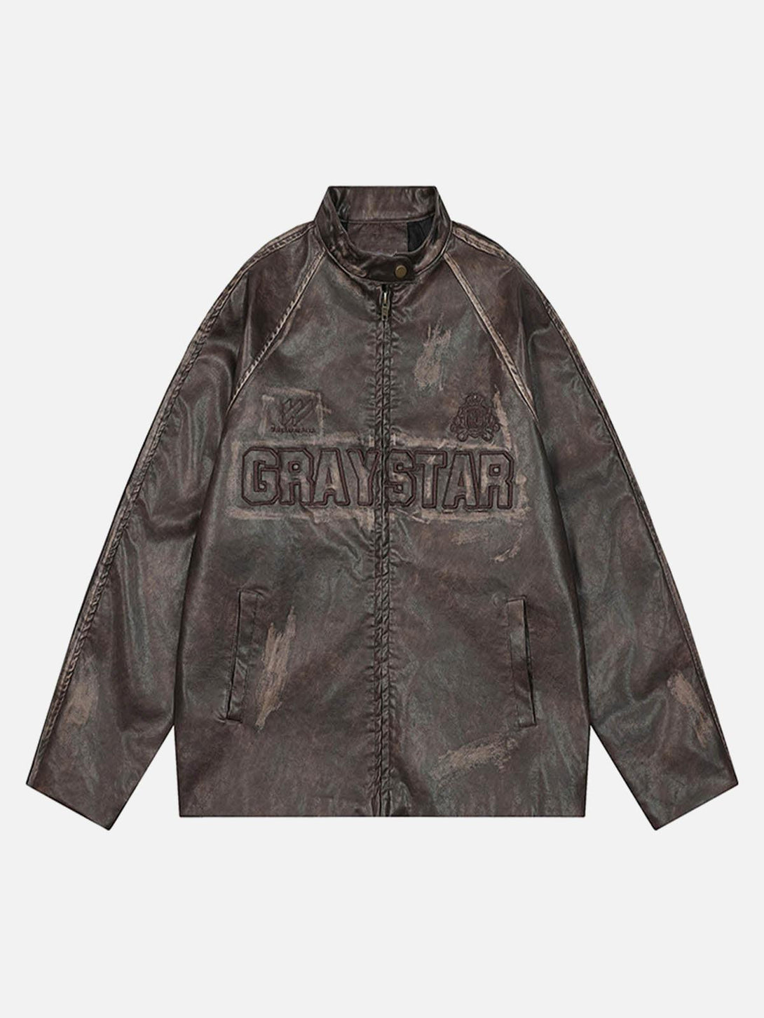 Front view of a brown distressed PU leather motorcycle jacket featuring letter embroidery by TALISHKO.