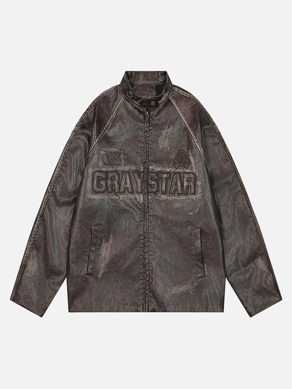 Front view of a brown distressed PU leather motorcycle jacket featuring letter embroidery by TALISHKO.