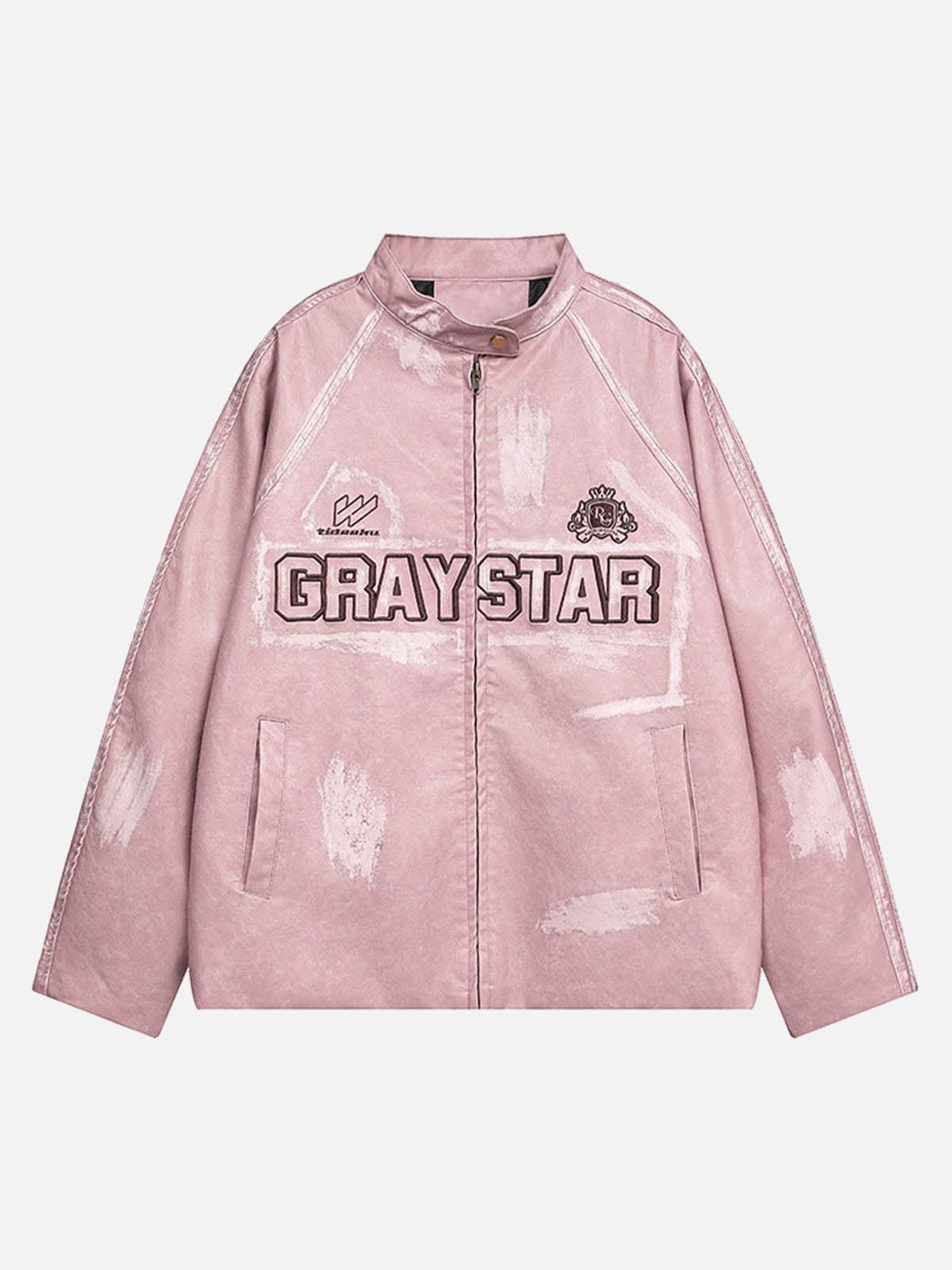 Front view of a pink distressed PU leather jacket with embroidery by TALISHKO.