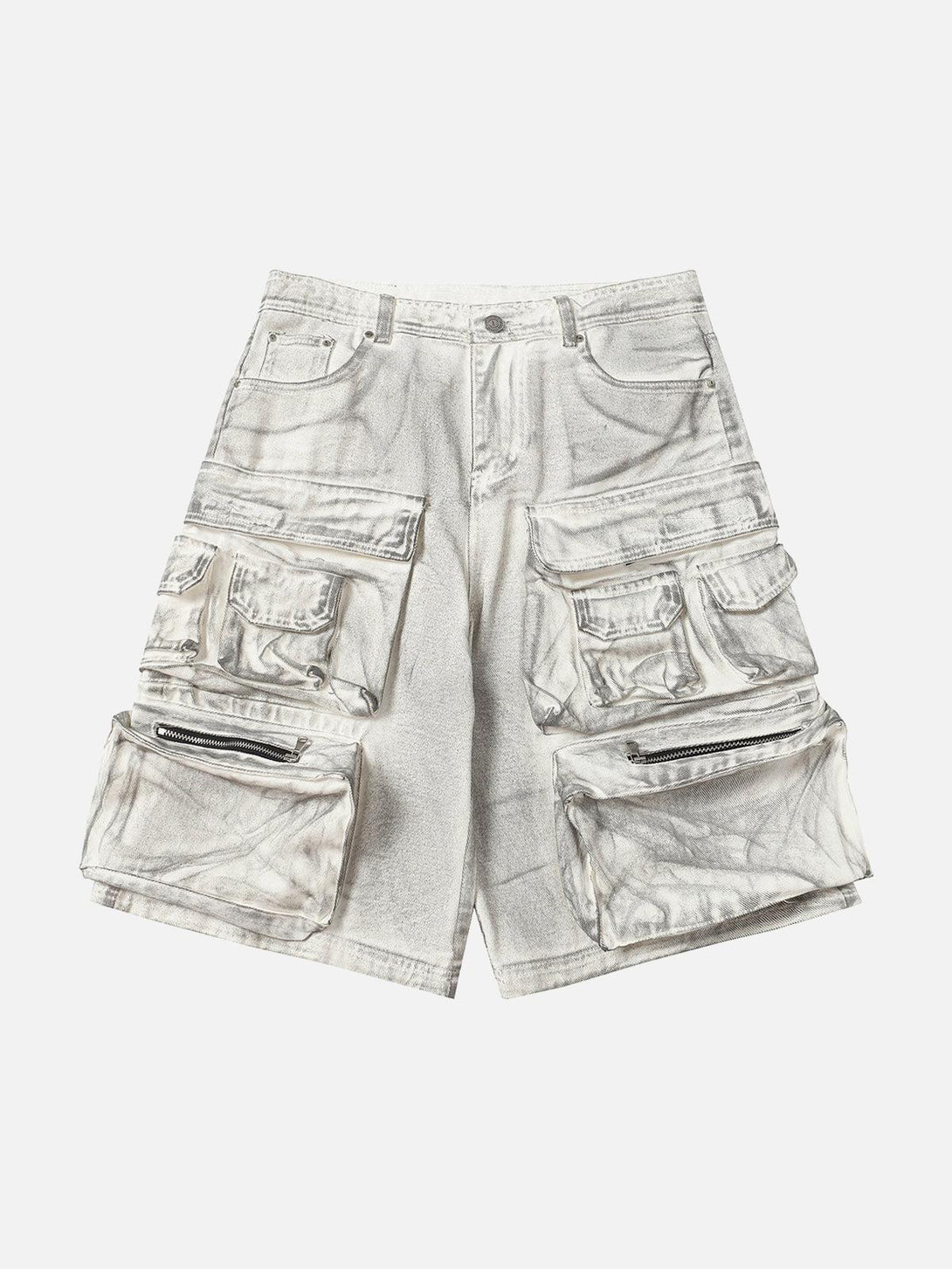 Front view of TALISHKO distressed white cargo shorts with multiple pockets, ideal for warm weather.