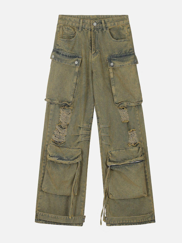 Front view of yellow distressed multi-pocket loose jeans by TALISHKO, embodying urban style.