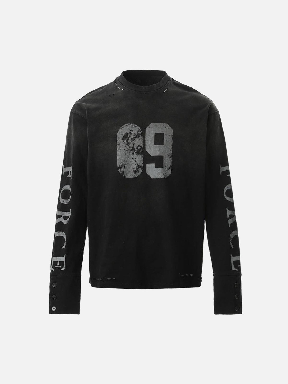 Black long sleeve t-shirt by TALISHKO with distressed "09" front and "FORCE" sleeve graphics.
