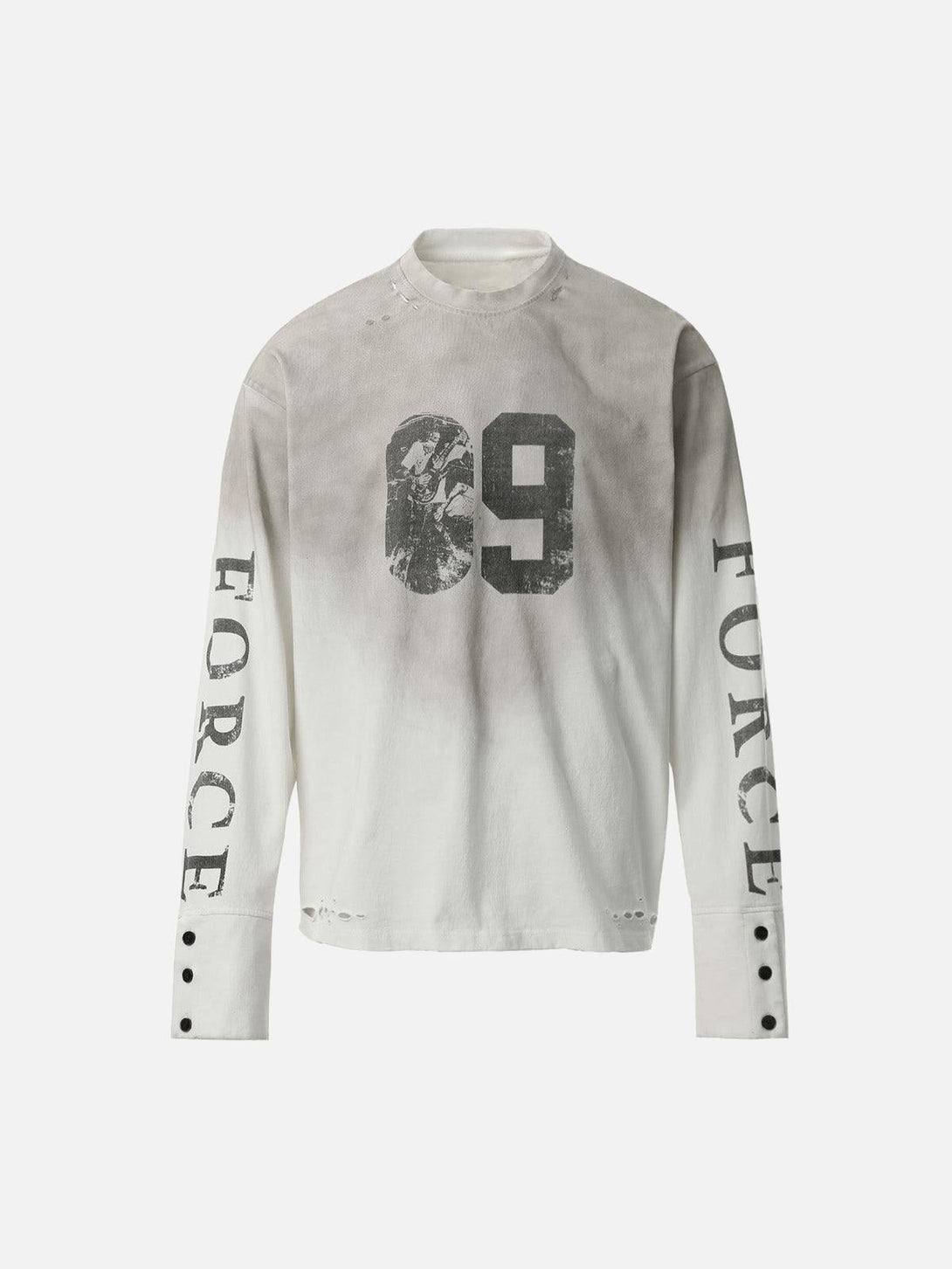 TALISHKO white long sleeve t-shirt featuring distressed "09" and "FORCE" graphics on front and sleeves.