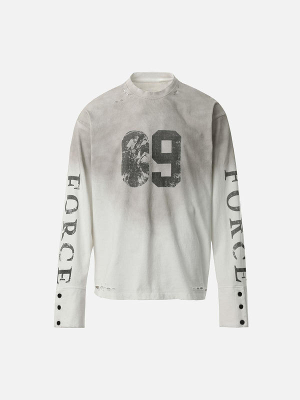 TALISHKO white long sleeve t-shirt featuring distressed "09" and "FORCE" graphics on front and sleeves.