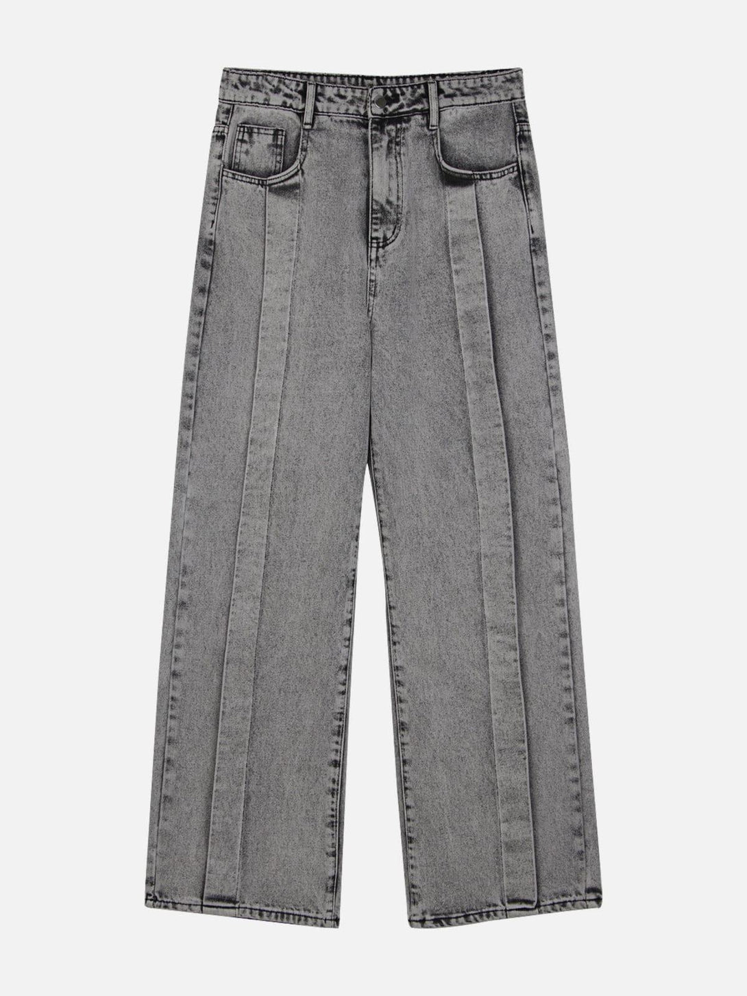 Front view of gray distressed patchwork jeans by TALISHKO, showcasing a unique street style.