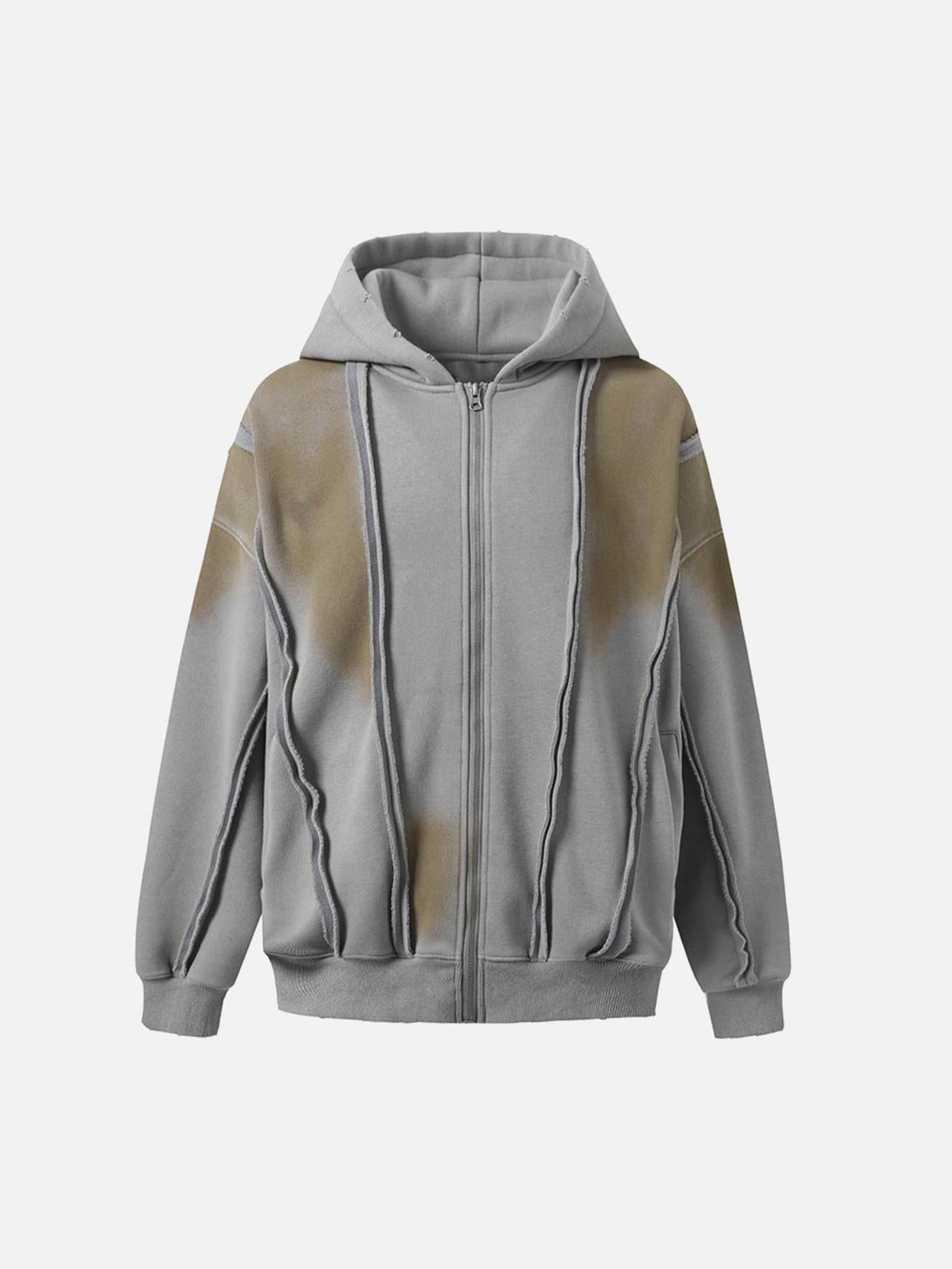 Front view of a gray velvet jacket with distressed patchwork details by TALISHKO.