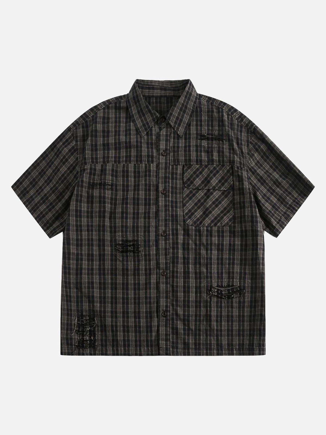 Front view of a black distressed plaid short-sleeve shirt by TALISHKO, perfect for casual wear.