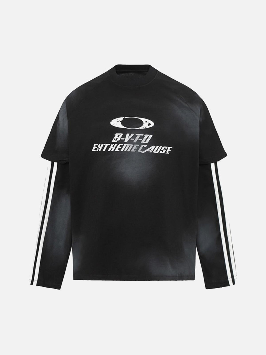 Front view of a black long-sleeved T-shirt by TALISHKO with white stripes and graphic print.