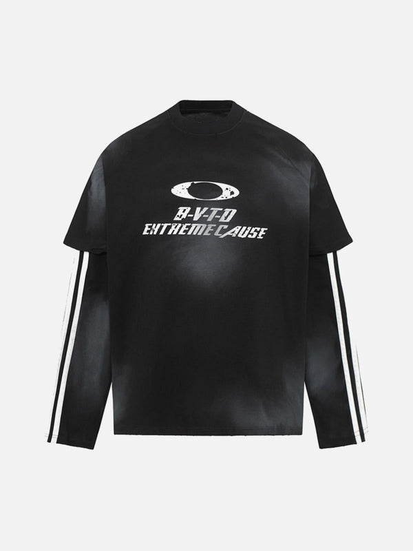 Front view of a black long-sleeved T-shirt by TALISHKO with white stripes and graphic print.