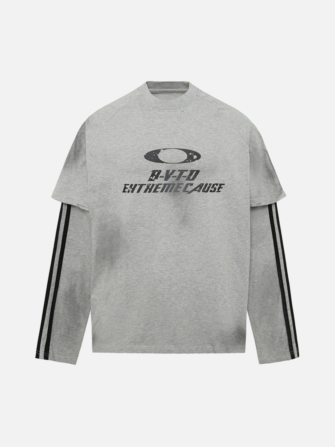 Front view of a gray long-sleeved T-shirt by TALISHKO featuring graphic print and black stripes.