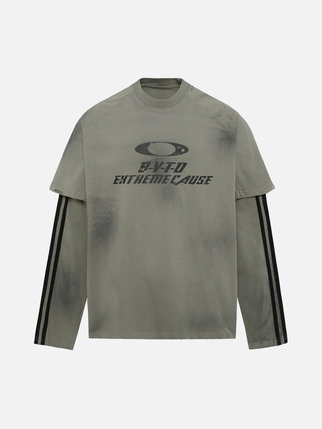 Front view of a green long-sleeved T-shirt by TALISHKO with black stripes and graphic design.