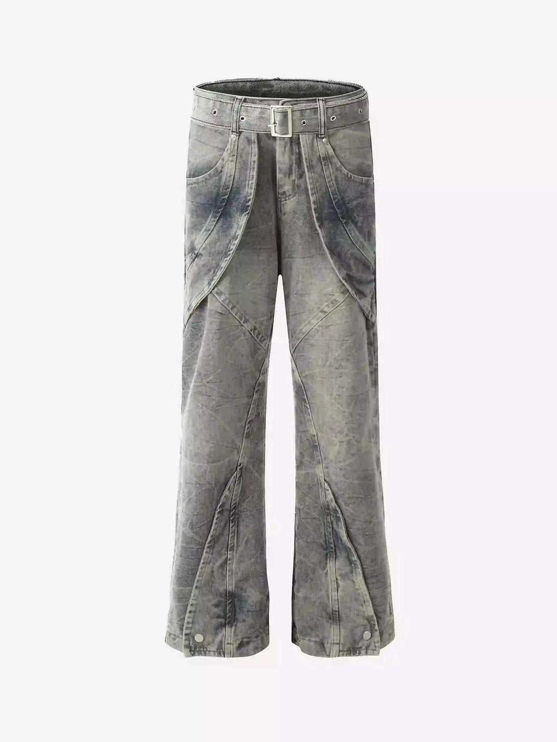 Front view of blue distressed punk jeans with metal belt, showcasing TALISHKO's edgy design.