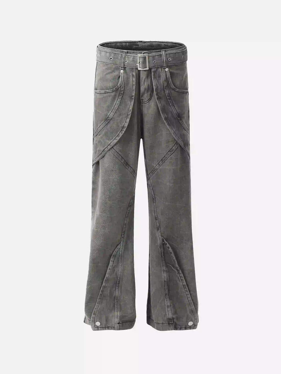 Front view of gray distressed punk jeans with metal belt by TALISHKO, perfect for edgy style.