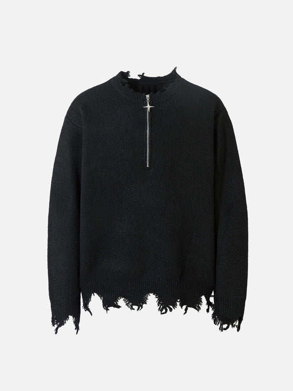 Front view of a black distressed quarter zip sweater by TALISHKO, ideal for urban fashion.